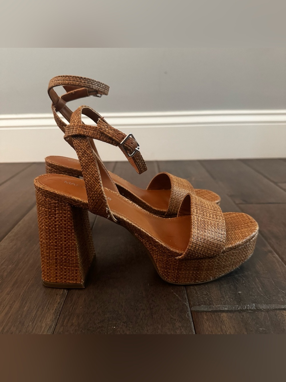 Marc Fisher Camel Brown Woven Platform Block Heel Ankle Strap Sandals 8M